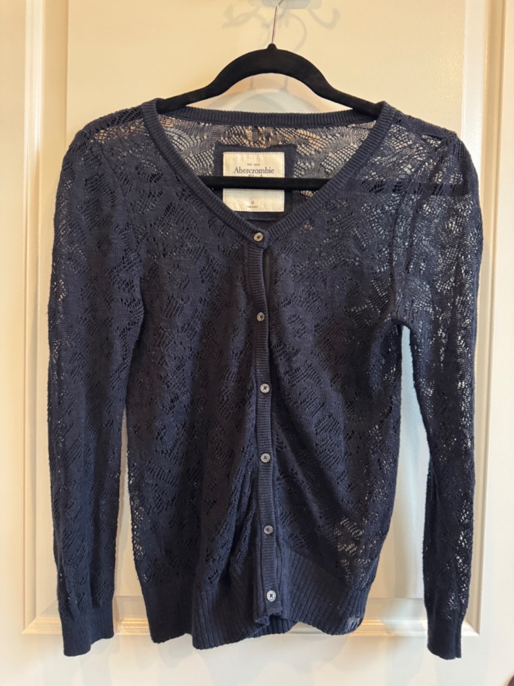 Abercrombie & Fitch Navy Blue Soft Lace Open Stitch Button Front Cardigan, M